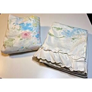 Vintage Sears Full Size Sheet Set Watercolor Floral Cottage Core Ruffles Pink